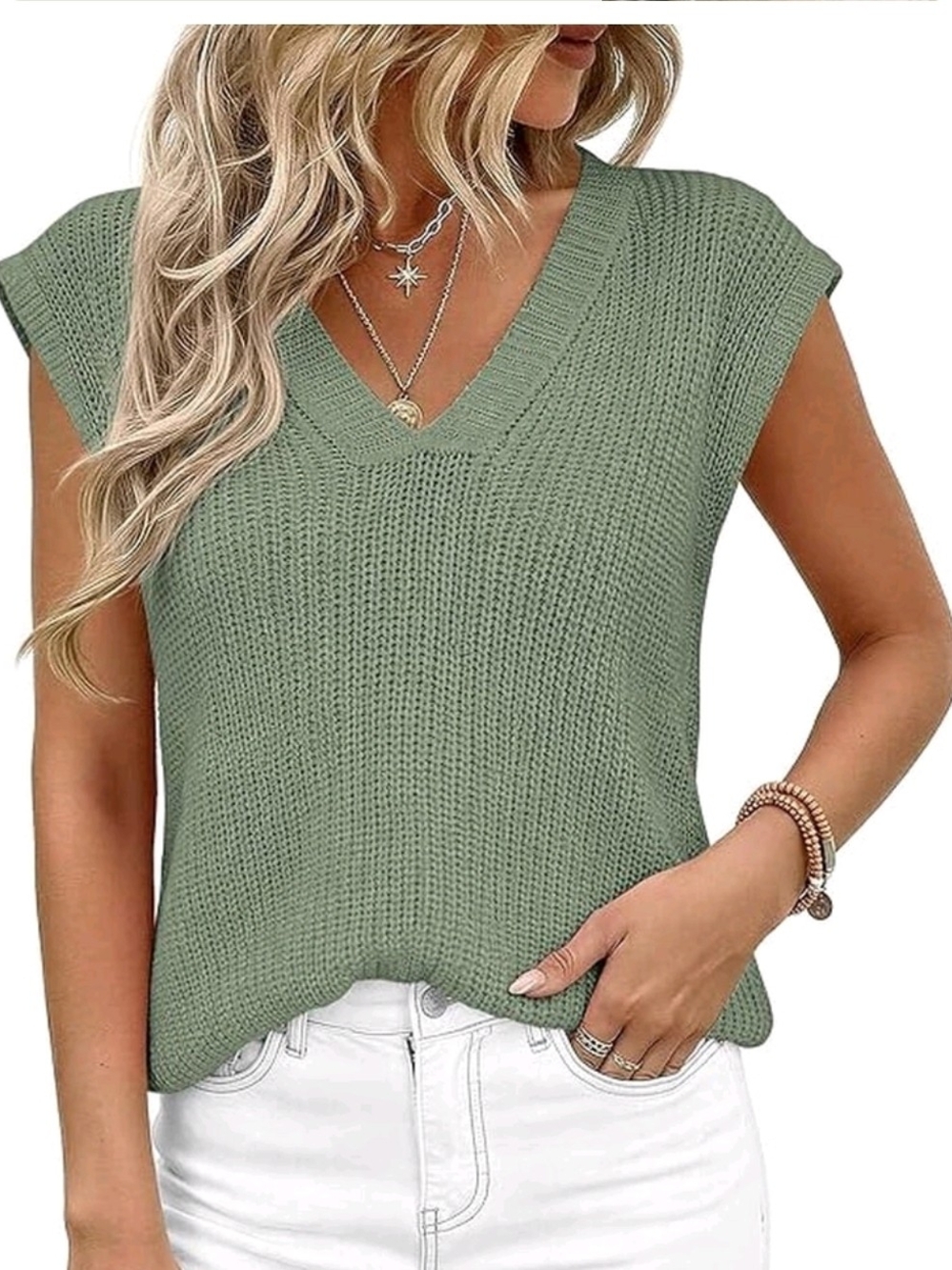 V-Neck Knit Cap Sleeve Top in Sage Green